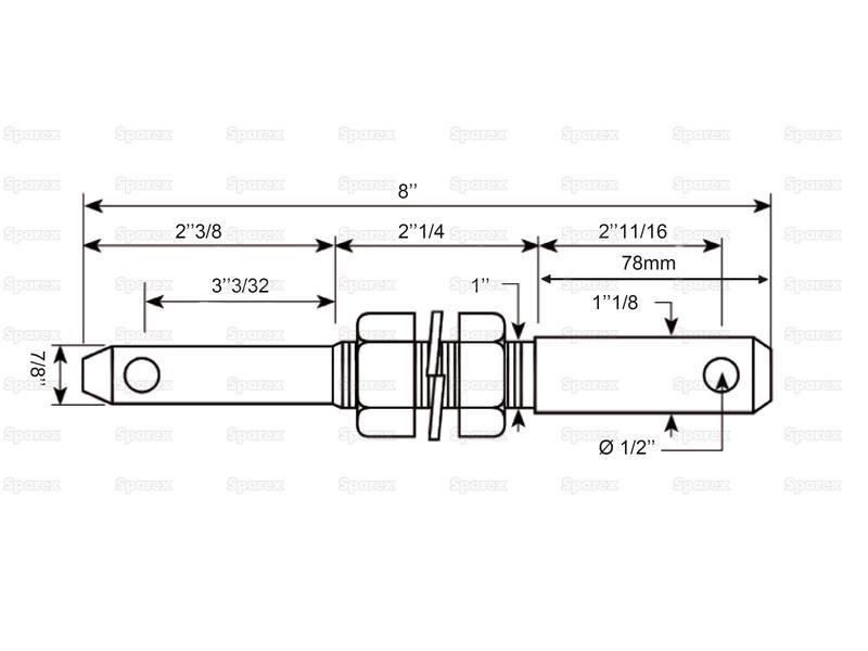Lower link implement pin dual 22 - 28x203mm, Thread size 7/8x57mm Thread size 1/2