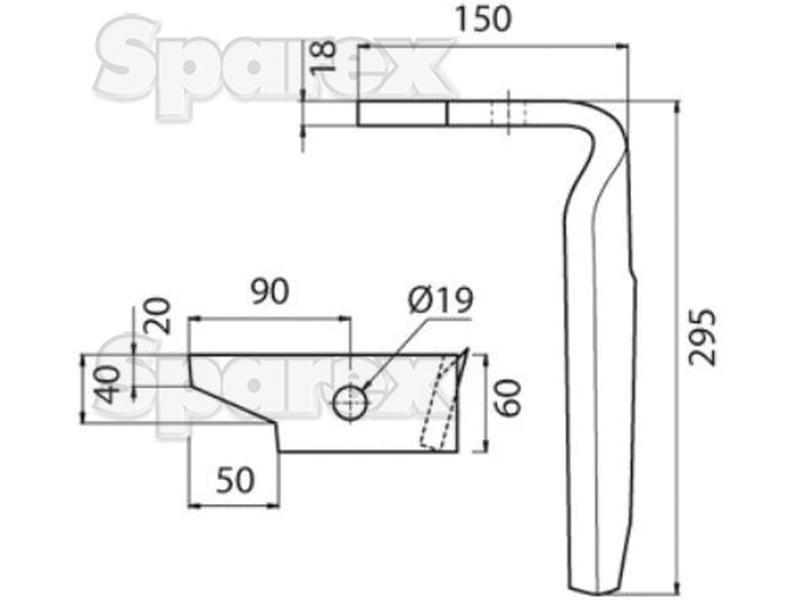 Power Harrow Blade 60x18x295mm LH. Hole centres: mm. Hole Ø 19mm. Replacement forAmazone. for Amazone