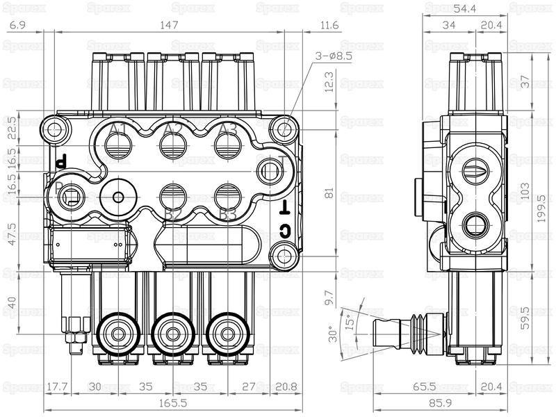 Hydraulic Monoblock Valve3/8''BSP Ports 3 Banks Single/Double/Double acting Spring centered