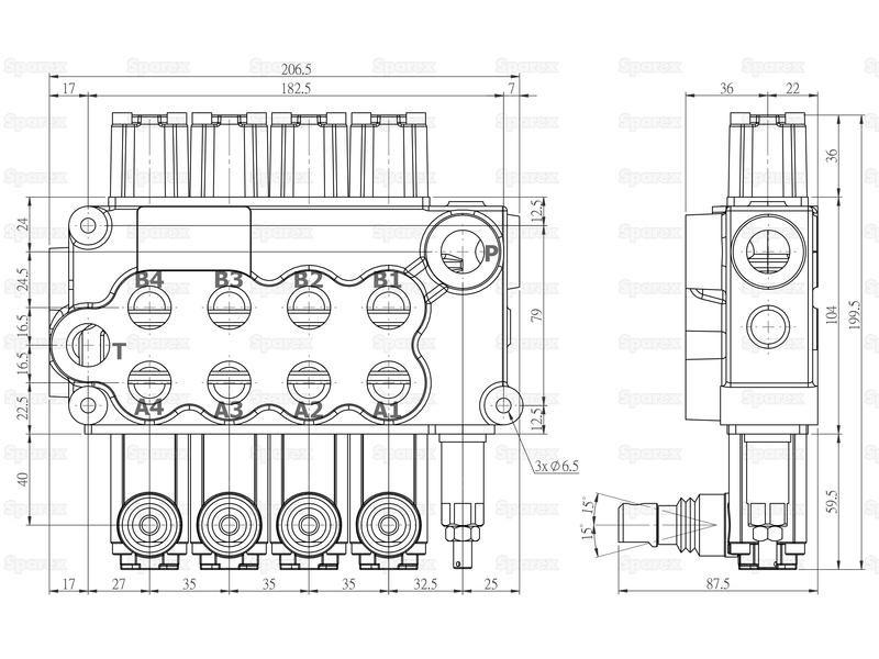 Hydraulic Monoblock Valve 1/2'' BSP Ports, 4 Banks, Double/Double/Double/Double acting Spring centered