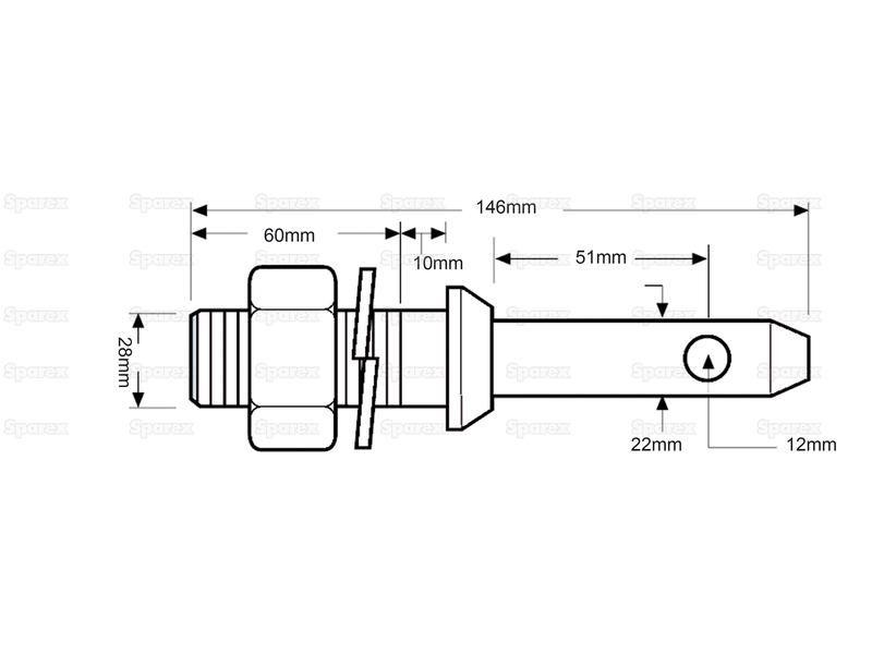 Lower link implement pin Heavy Duty 22x146mm, Thread size 1 1/8'' (28.5mm)x60mm Cat. 1