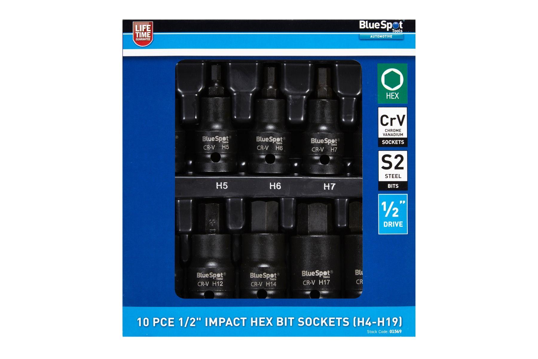 Blue Spot Tools 10 PCE 1/2" Impact Hex Bit Sockets (H4-H19)