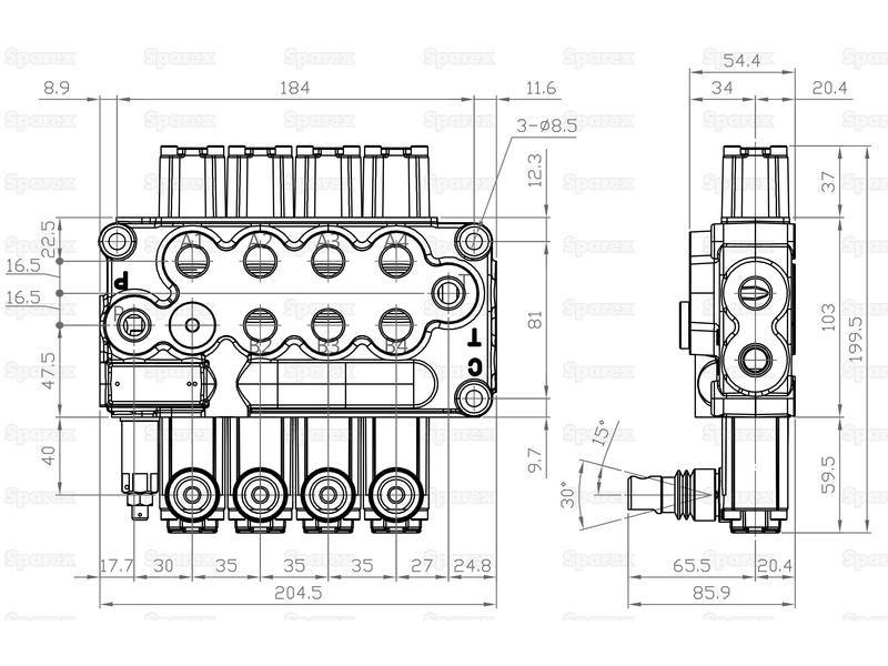 Hydraulic Monoblock Valve3/8''BSP Ports 4 Banks Single/Double/Double/Double acting Spring centered