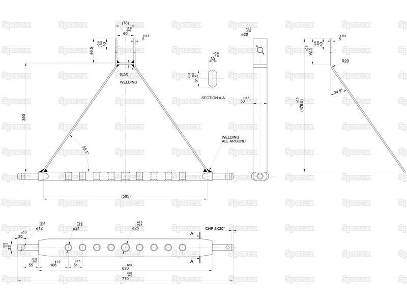 Drawbar Hitch System (Cat. 1) No. holes: 9, 730mm.
