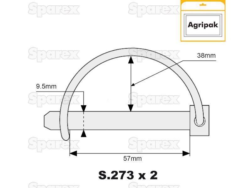 Shaft Locking Pin, Pin Ø9.5mm x 57mm (2 pcs. Agripak)