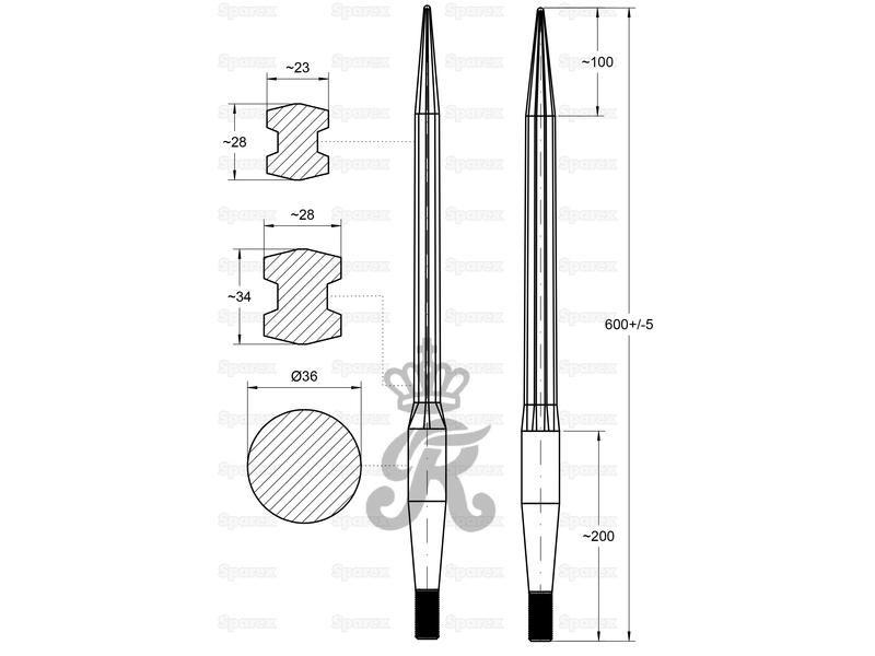Loader Tine - 600mm, Thread size: M22 x 1.5 (H - fluted)