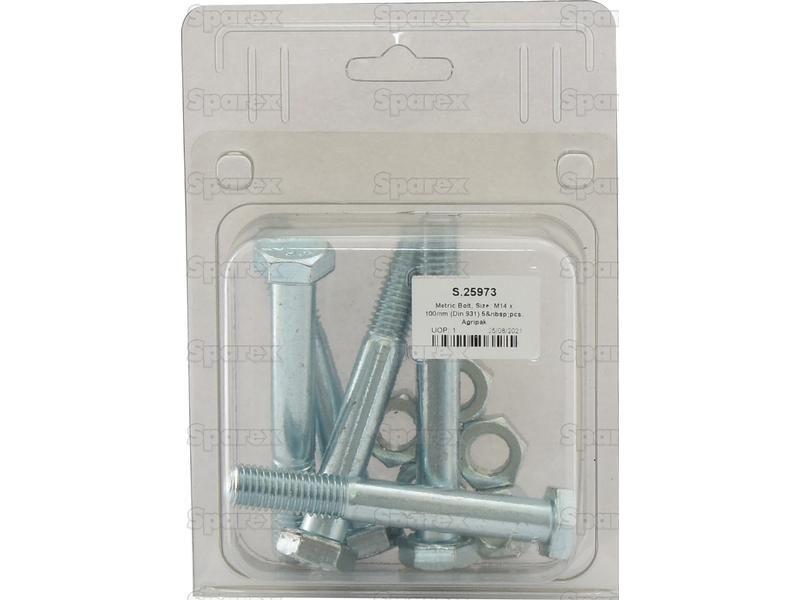 Metric Bolt, Size: M14 x 100mm (Din 931) 5 pcs. Agripak