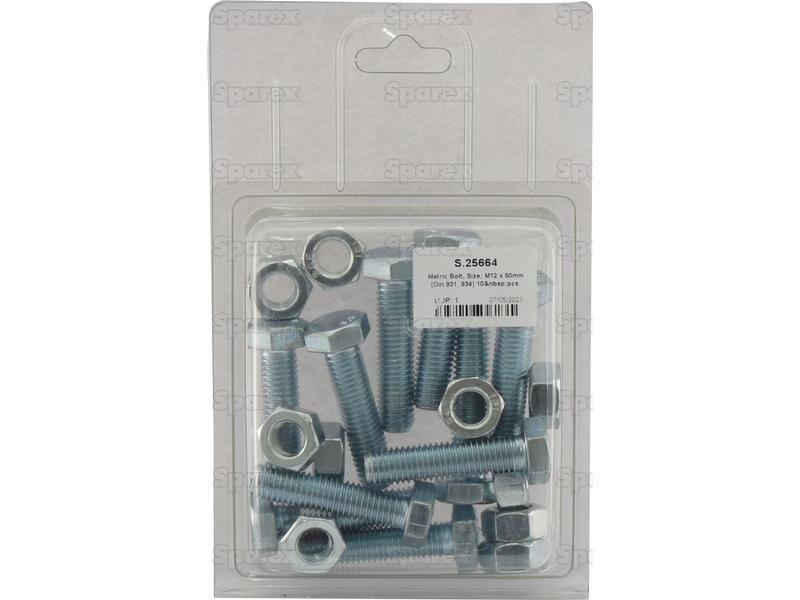 Metric Bolt, Size: M12 x 50mm (Din 931, 934) 10 pcs. Agripak
