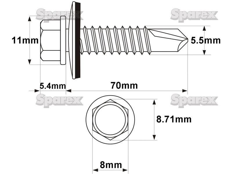 Hexagon Head Self Fixing (TEK) Screw, Size: 5.5 x 70mm (Din 7504K)