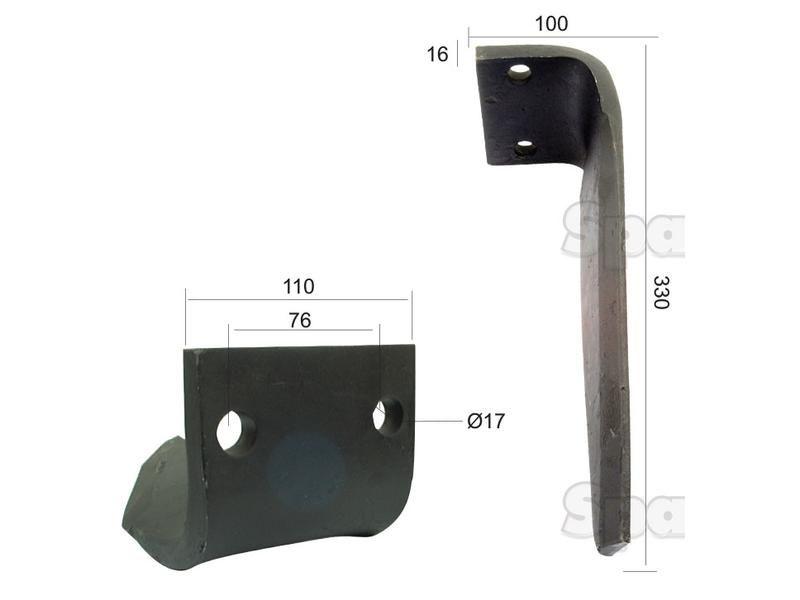 Power Harrow Blade 110x16x330mm RH. Hole centres: 76mm. Hole Ø 17mm. Replacement forDowdeswell. for Dowdeswell VARIOUS