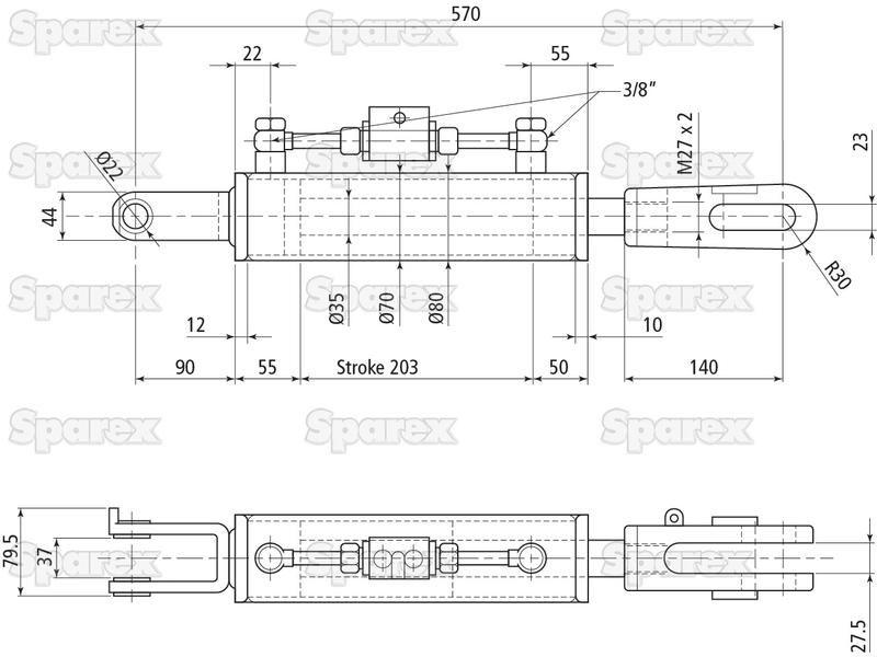 Hydraulic Levelling Box (Supplied with: Hoses), Min. Length: 570mm, Cylinder Bore: 70mm. for Ford New Holland