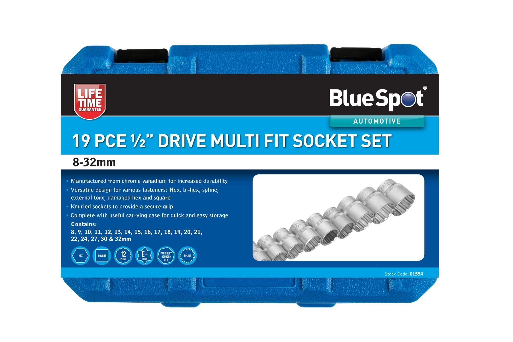 Blue Spot Tools 19 PCE Multi Fit 1/2" Drive Socket Set (8-32mm)