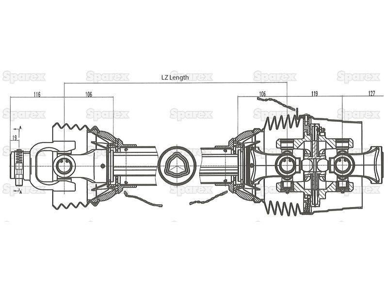 PTO Shaft - EUCV Wide Angle - One End, (Lz) Length: 1010mm, 1 3/8'' x 6 Spline 80° W.A. to 1 3/8'' x 6 Spline Q.R.