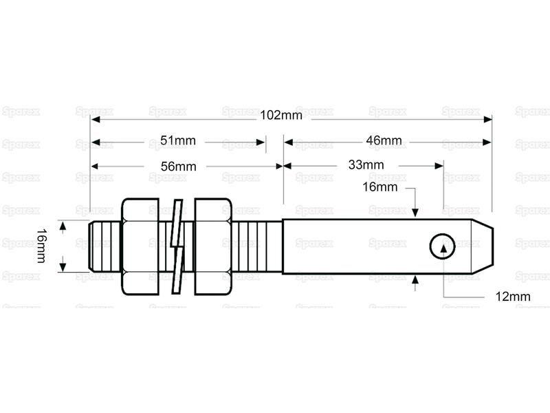 Lower link implement pin 16x102mm, Thread size 5/8''x57mm Cat. 0