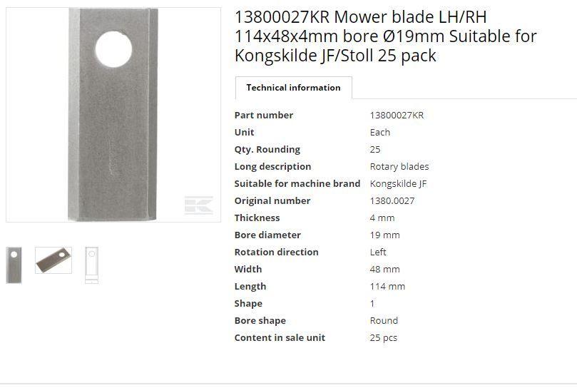 JF mower blade  LH/RH 114x48x4mm bore Ø19mm Pack of 25