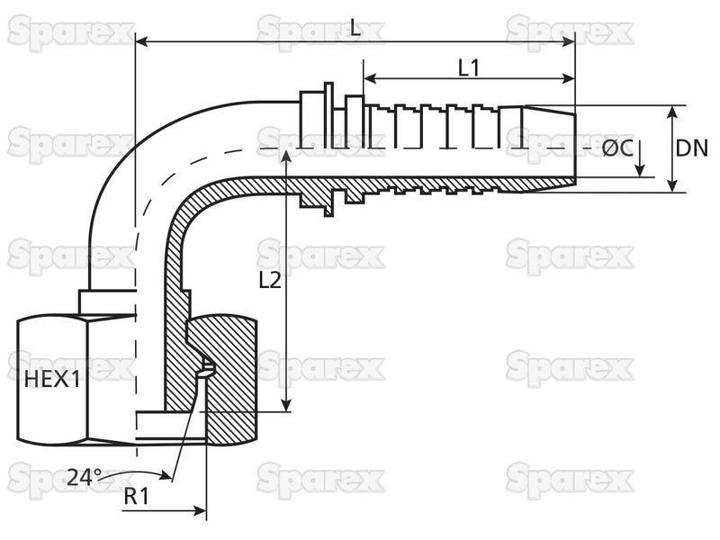 Dicsa Metric (French Gas) 24° Hose Insert 3/8'' x M20 x 1.5 Female Thread 90° Swept Swivel