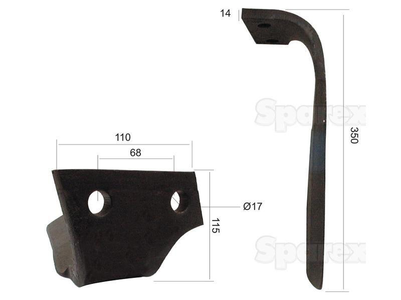 Power Harrow Blade 110x14x350mm RH. Hole centres: 68mm. Hole Ø 17mm. Replacement forKuhn. for Kuhn VARIOUS