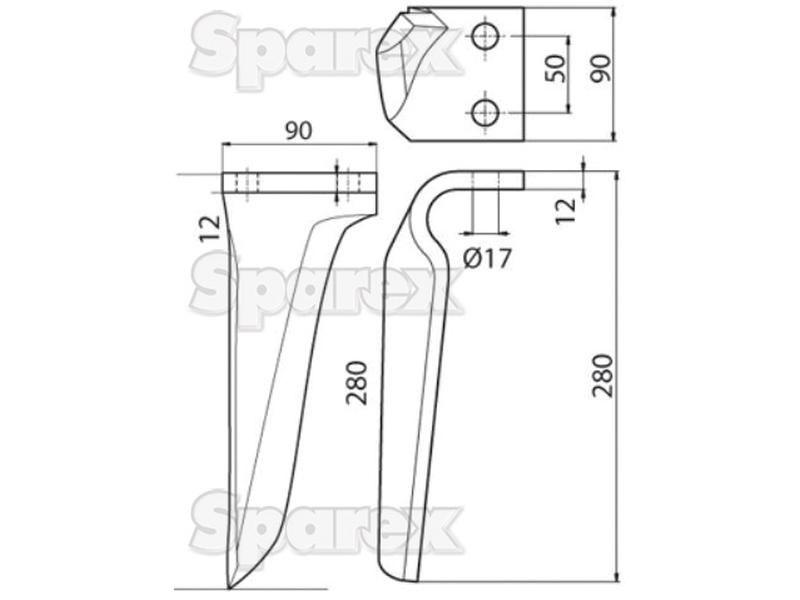 Power Harrow Blade 90x12x280mm RH. Hole centres: 50mm. Hole Ø 17mm. Replacement forKverneland, Maschio. for Rau VARIOUS