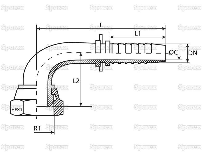 Dicsa Metric 24°/60° Hose Insert 1/4'' x M16 x 1.5 (10L) Female Thread 90° Swept Swivel
