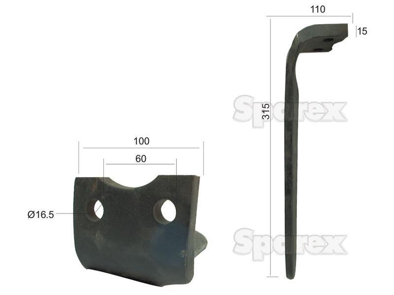 Power Harrow Blade 100x15x315mm LH. Hole centres: 60mm. Hole Ø 16.5mm. Replacement forHoward. for Howard VARIOUS