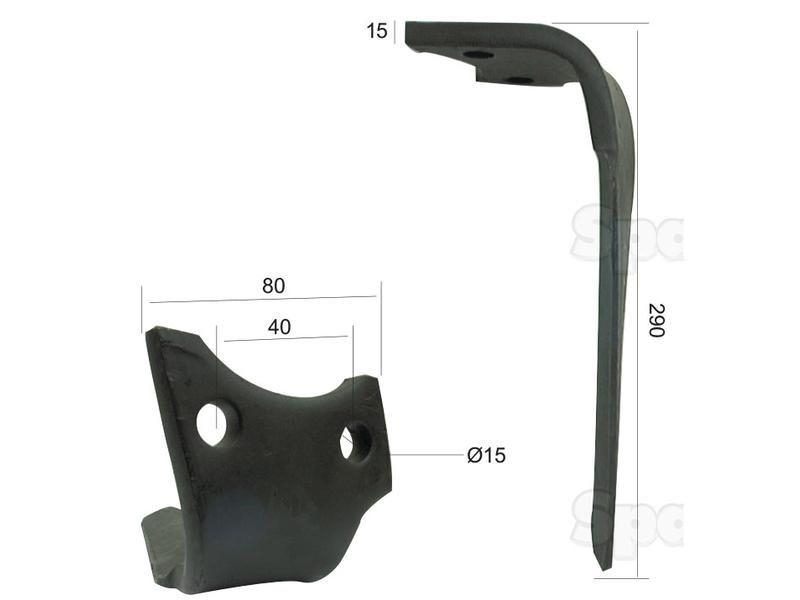 Power Harrow Blade 80x15x290mm RH. Hole centres: 40mm. Hole Ø 15mm. Replacement forRabewerk. for Rabewerk MKE