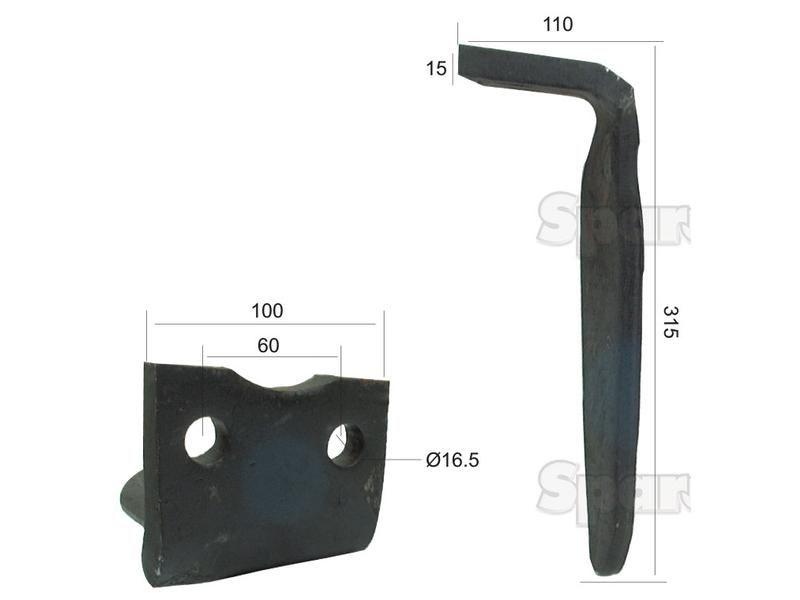 Power Harrow Blade 100x15x315mm RH. Hole centres: 60mm. Hole Ø 16.5mm. Replacement forHoward. for Howard VARIOUS