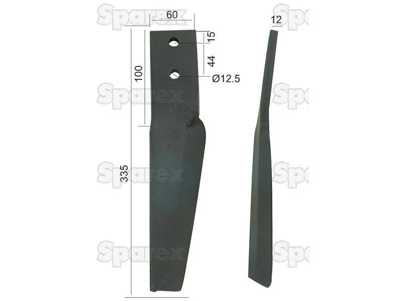 Power Harrow Blade 60x12x335mm RH. Hole centres: 44mm. Hole Ø 12.5mm. Replacement forMaschio. for Maschio