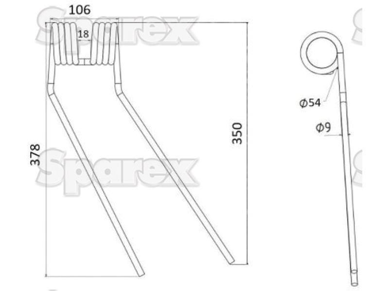 Tedder haytine - RH - Length:378mm, Width:106mm, Ø9mm - Replacement for Fella for Fella