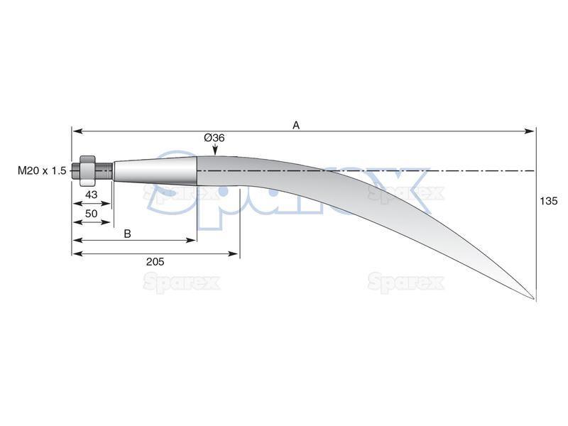 Curved Loader Tine | 680mm for Massey Ferguson, ALO/QUICKIE, Kverneland (221194)