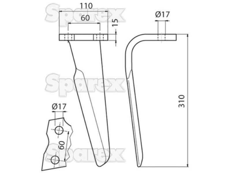 Power Harrow Blade 110x15x310mm RH. Hole centres: 60mm. Hole Ø 17mm. Replacement for.