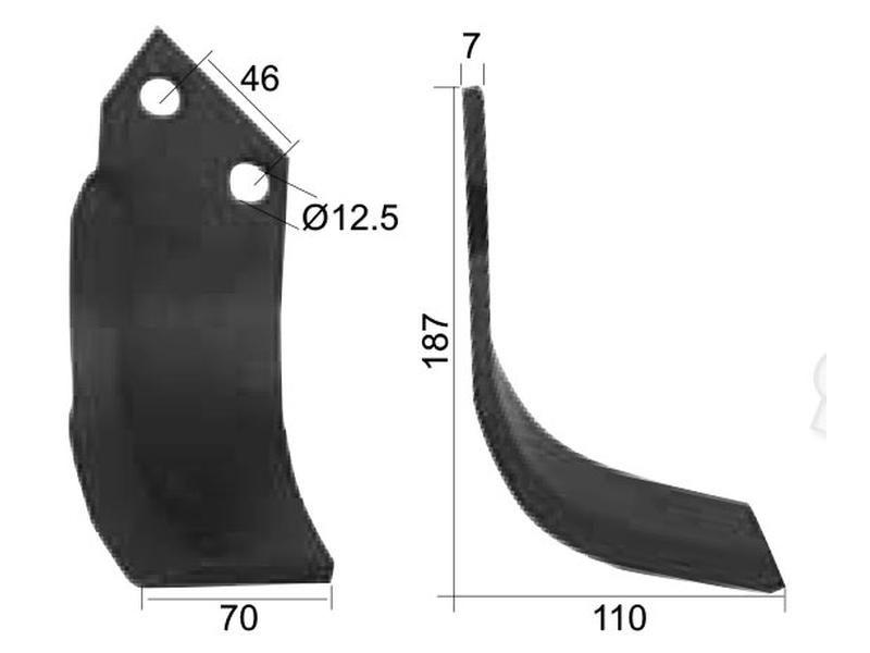 Rotavator Blade Curved RH 70x7mm Height: 187mm. Hole centres: 46mm. Hole Ø: 12.5mm. Replacement for Sovema for Sovema SPS