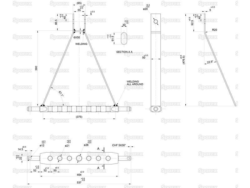 Drawbar Hitch System (Cat. 1) No. holes: 7, 508mm.