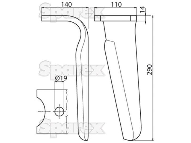 Power Harrow Blade 110x14x290mm LH. Hole centres: mm. Hole Ø 19mm. Replacement forKuhn. for Kuhn HRB102