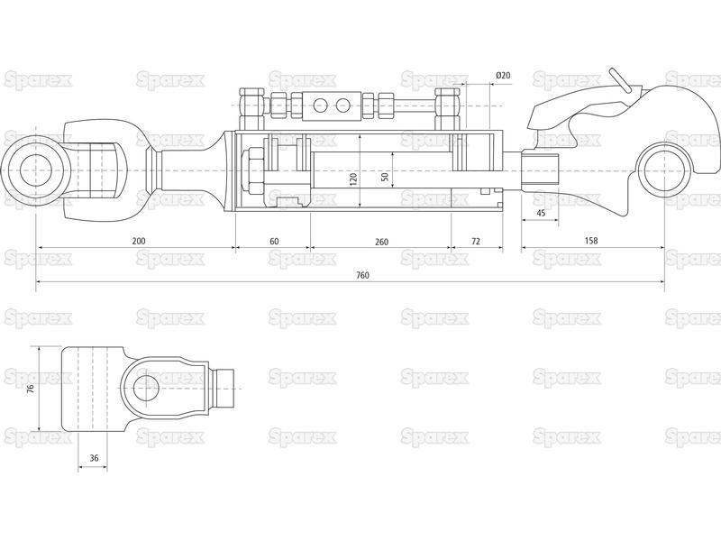 Hydraulic Top Link (Cat.36mm/4) Knuckle and Q.R. Hook, Cylinder Bore: 120mm, Min. Length : 760mm. for Ford New Holland