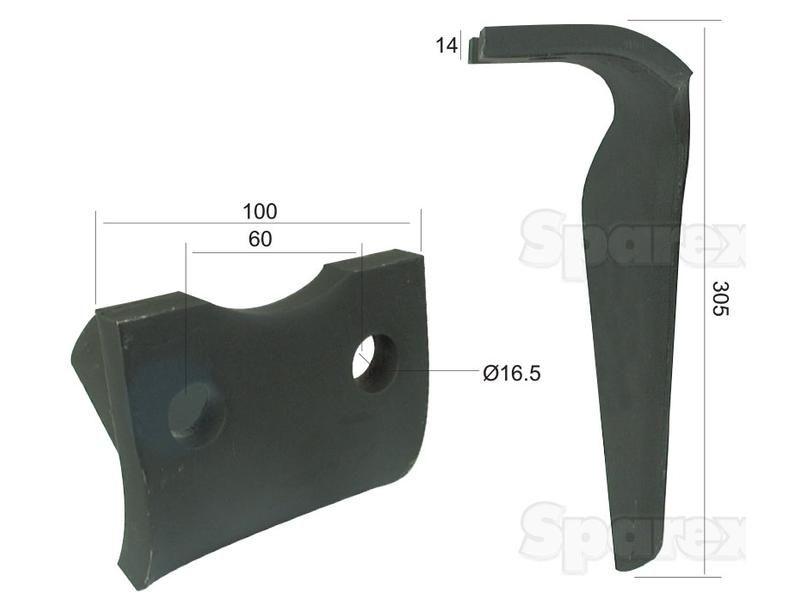 Power Harrow Blade 100x14x305mm RH. Hole centres: 60mm. Hole Ø 16.5mm. Replacement forPegoraro, Morra. for Morra VARIOUS