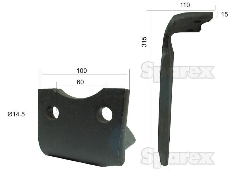 Power Harrow Blade 100x15x315mm LH. Hole centres: 60mm. Hole Ø 14.5mm. Replacement forHoward. for Howard VARIOUS