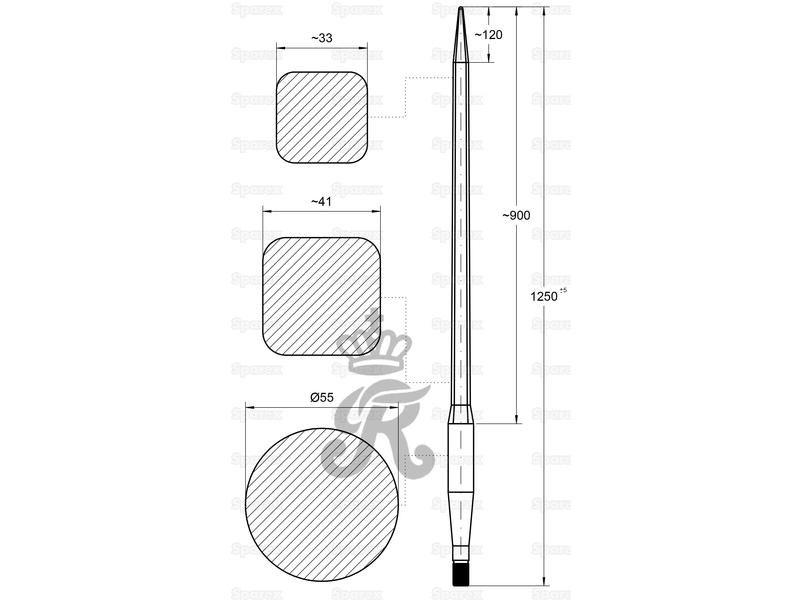 Loader Tine - Straight 1,250mm, Thread size: M33 x 2.0 (Square)