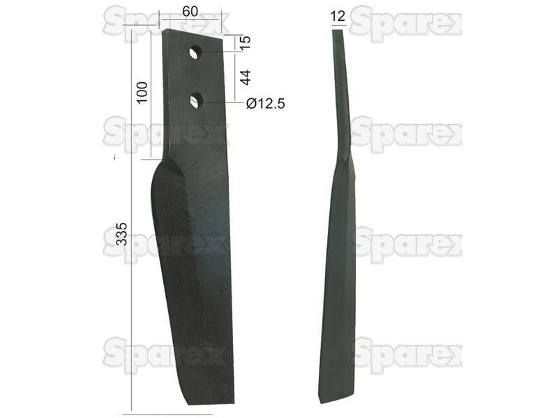 Power Harrow Blade 60x12x335mm LH. Hole centres: 44mm. Hole Ø 12.5mm. Replacement forMaschio. for Maschio