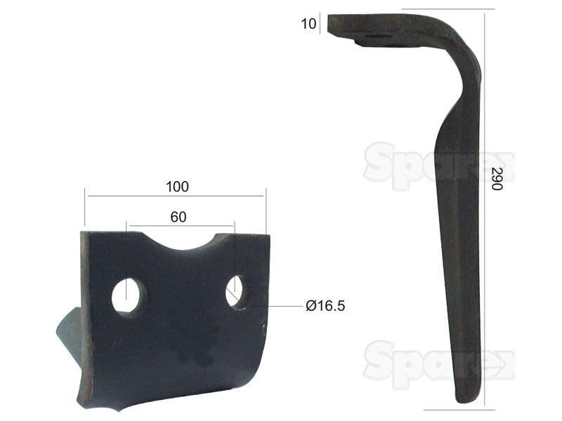 Power Harrow Blade 100x10x290mm RH. Hole centres: 60mm. Hole Ø 16.5mm. Replacement forPegoraro. for Pegoraro VARIOUS