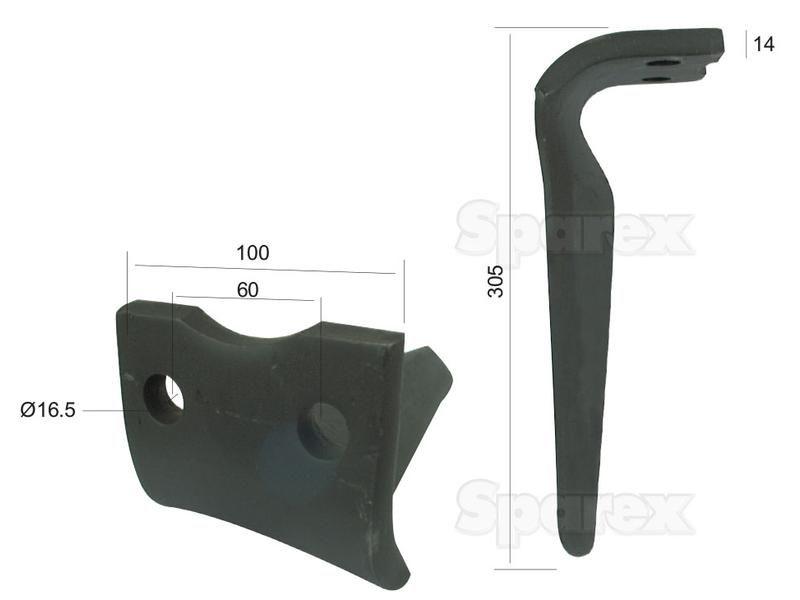 Power Harrow Blade 100x14x305mm LH. Hole centres: 60mm. Hole Ø 16.5mm. Replacement forPegoraro, Morra. for Pegoraro RD